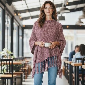 Cozy Fringe wine & White Poncho 2 Chic Twos Company